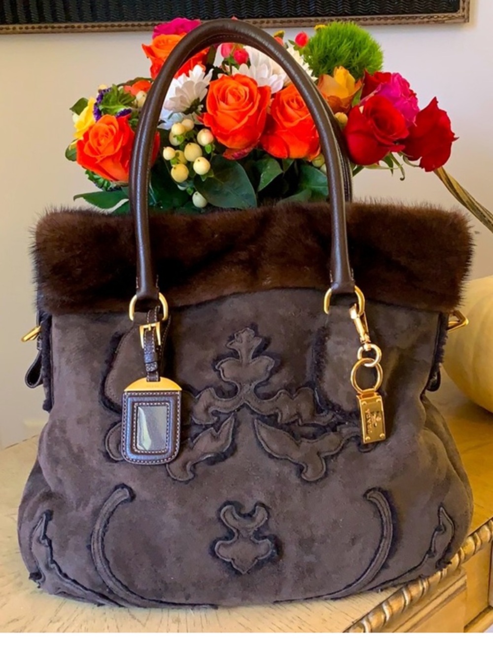 Prada Brown Suede Tote with Mink Fur Trim and Gold Hardware